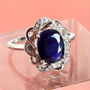 925 Sterling Silver Ring Sz 7.5 with Natural 8x10mm Sapphire Gemstone &  CZ